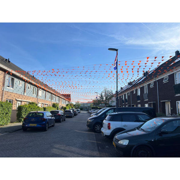 3000 meter oranje vlaggenlijn met 5400 oranje puntvlaggen -PARTIJHANDEL- 3000 meter oranje vlaggenlijn met 5400 oranje puntvlaggen -PARTIJHANDEL-
